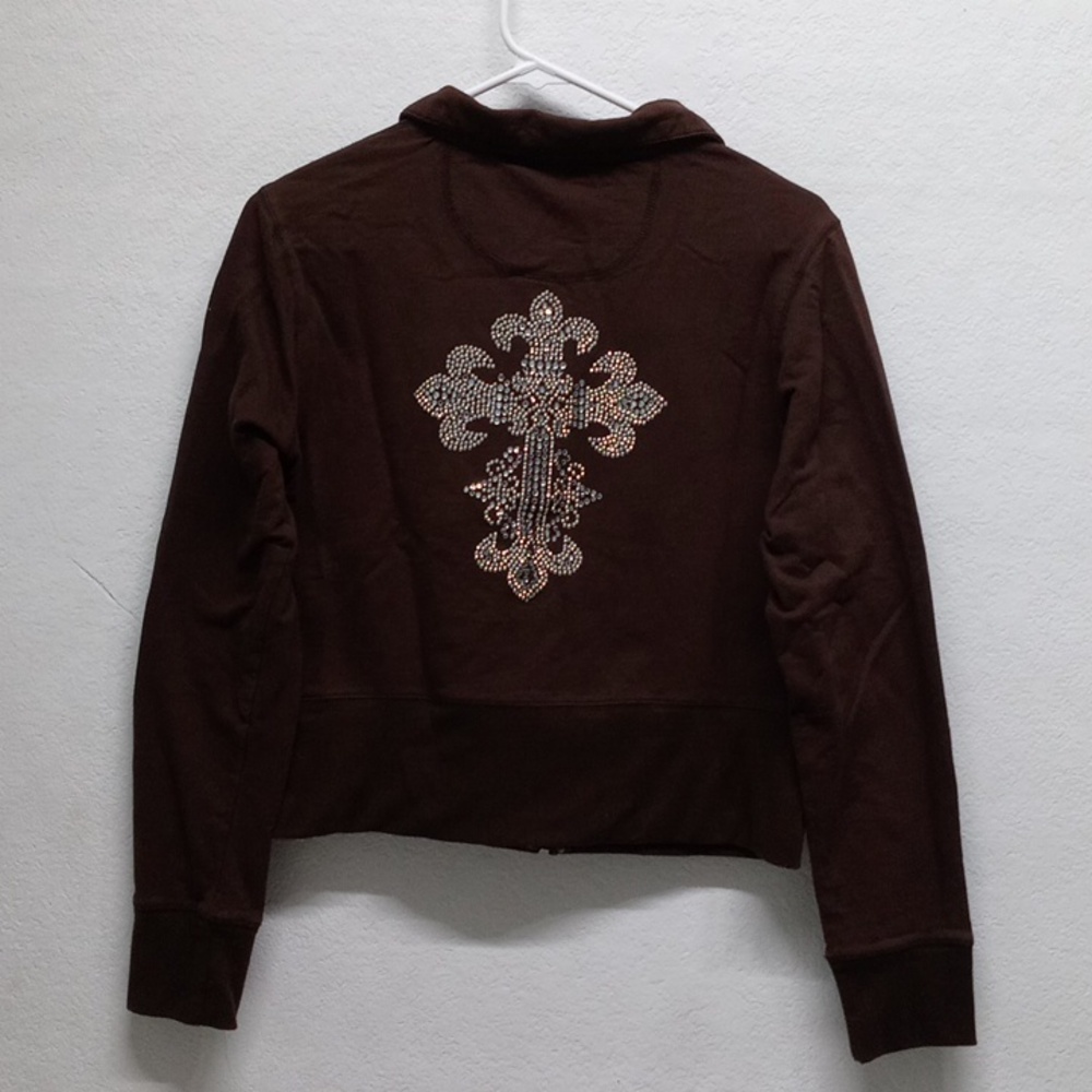 Y2K Brown Silver Bling Cross Cropped Silver Heart Zipper Full Zip Up Jacket - Picture 4 of 6